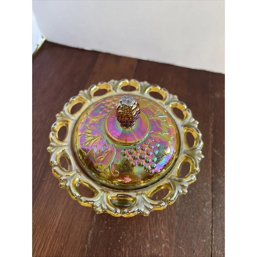 Vintage Indiana Glass Compote Candy Dish‎ w/Lid Harvest Carnival Iridescent Gold